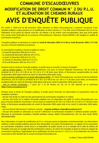 Enquête publique unique portant sur la modification de droit commun n° 2 du P.L.U. et sur l'aliénation d'une partie du chemin rural dit 