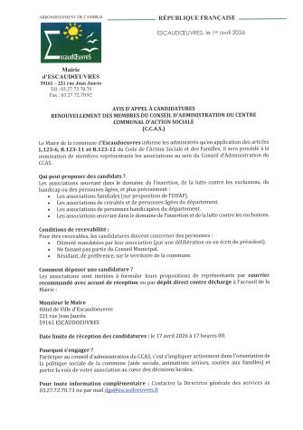 Appel à candidatures pour intégrer le conseil d'administration du C.C.A.S.